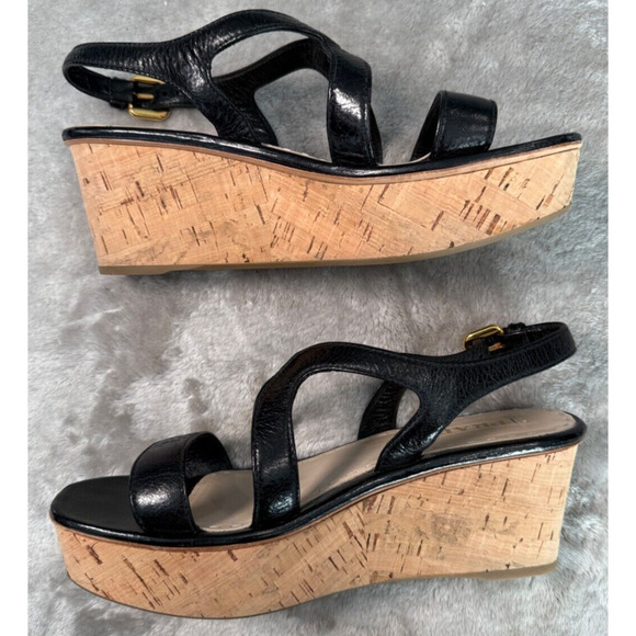 Prada Vintage Black Leather Cork Wedge Slingback Sandals EU 39 US 8 - Picture 4 of 8